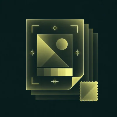 Illustration of stacked documents featuring a graphical image and a stamp, representing print production and artwork.