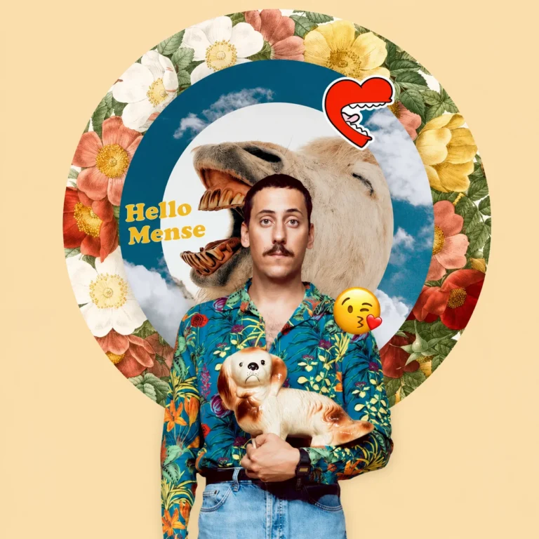 A man in a colorful floral shirt holds a dog, surrounded by vibrant flowers and a whimsical animal graphic.