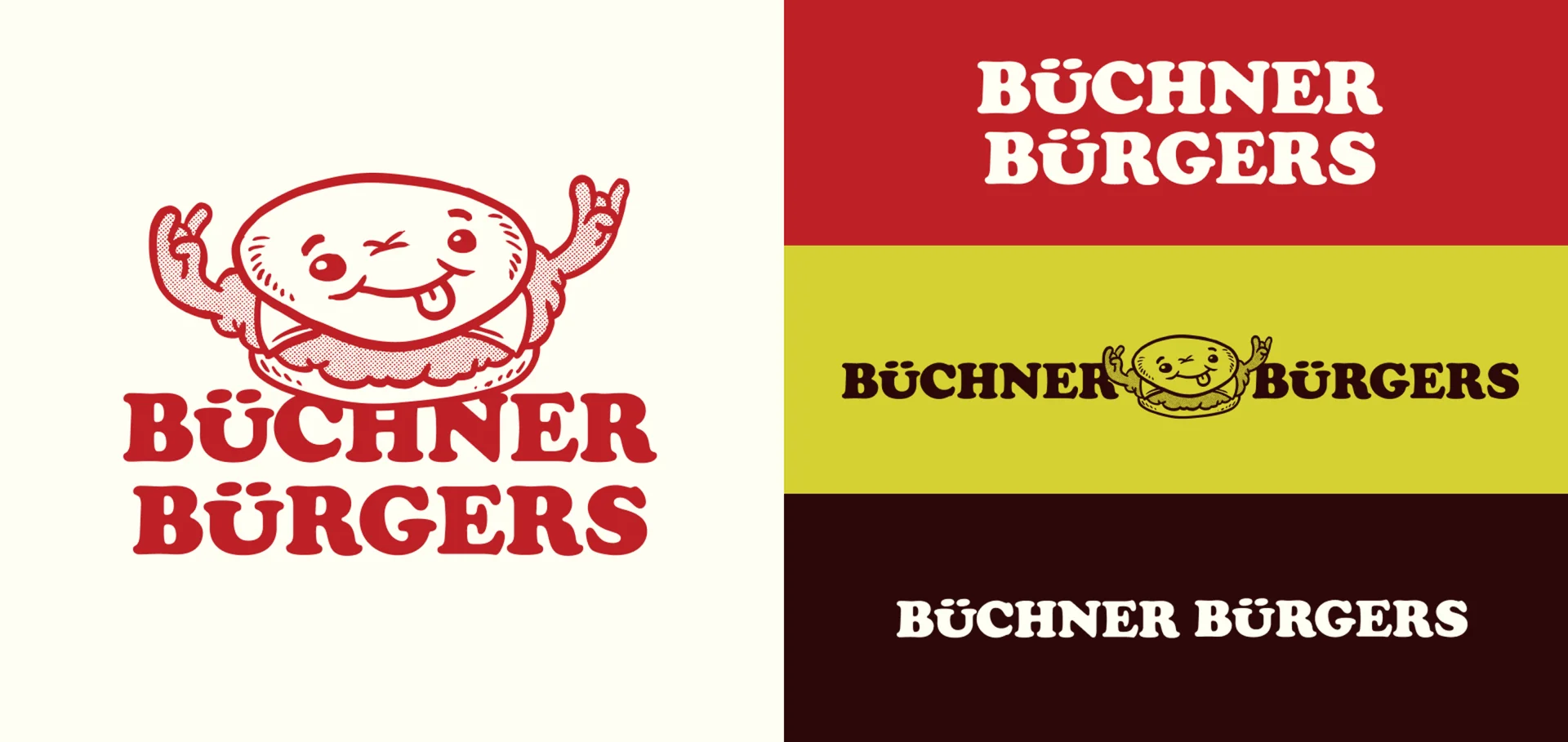 Logo for Büchner Burgers featuring a cartoon burger with arms and text variations on colored backgrounds.