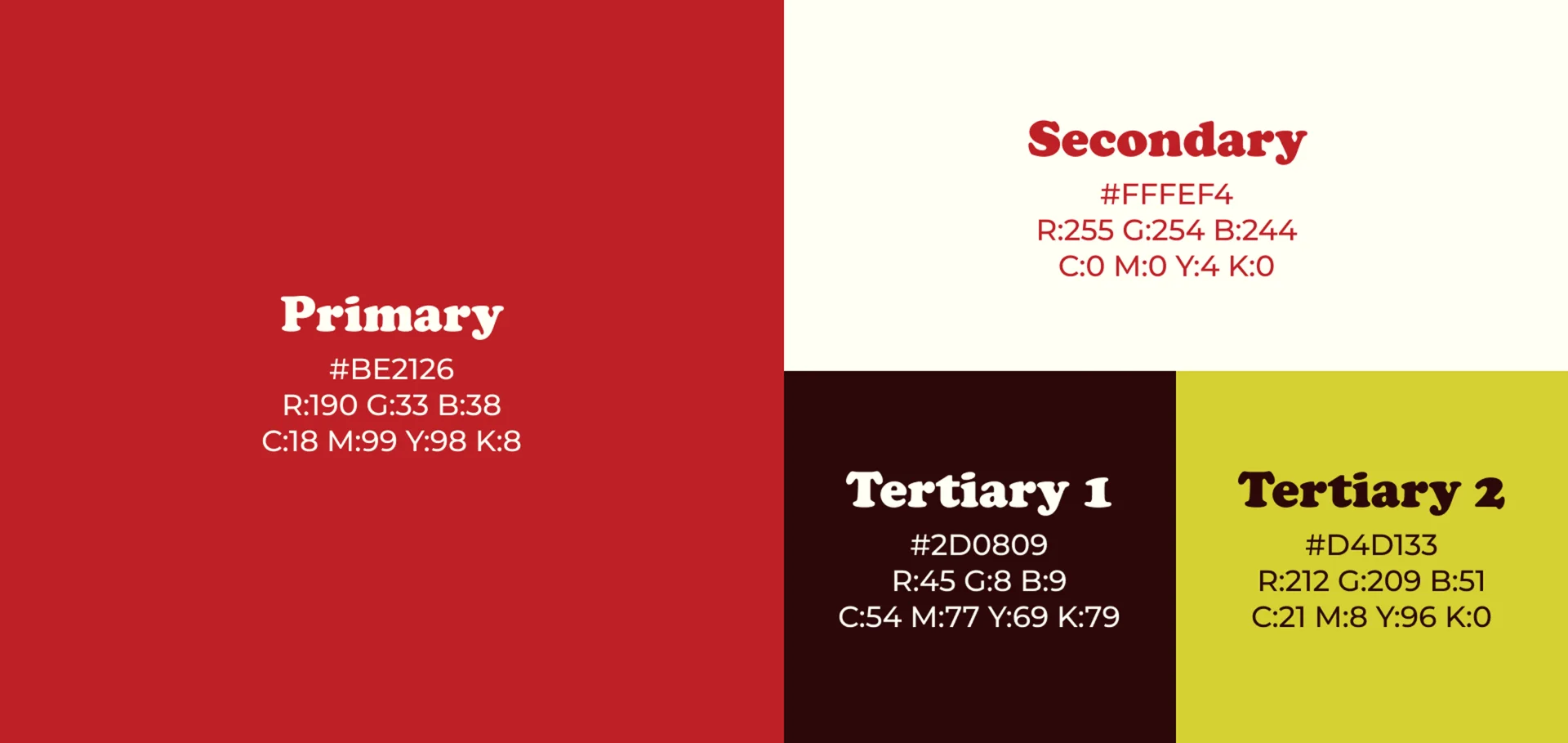 Color palette with primary, secondary, and tertiary color swatches, including their respective RGB and CMYK values.