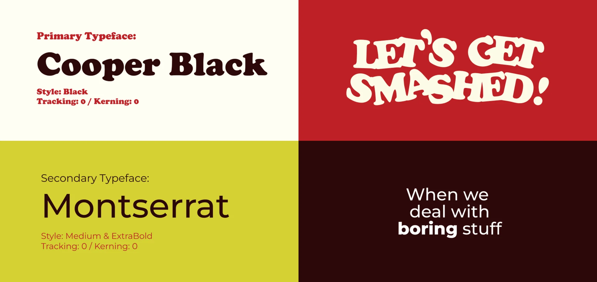 Typography poster featuring bold text phrases in Cooper Black and Montserrat on colorful backgrounds.
