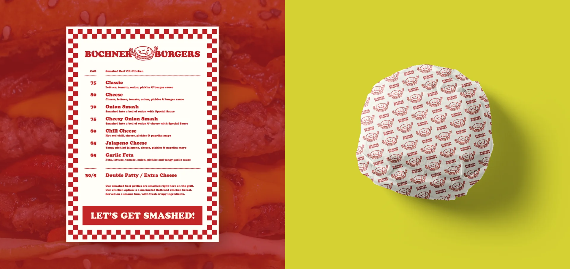 Menu for Buchner Burgers on a red background, next to a burger wrapped in patterned paper on a bright yellow surface.