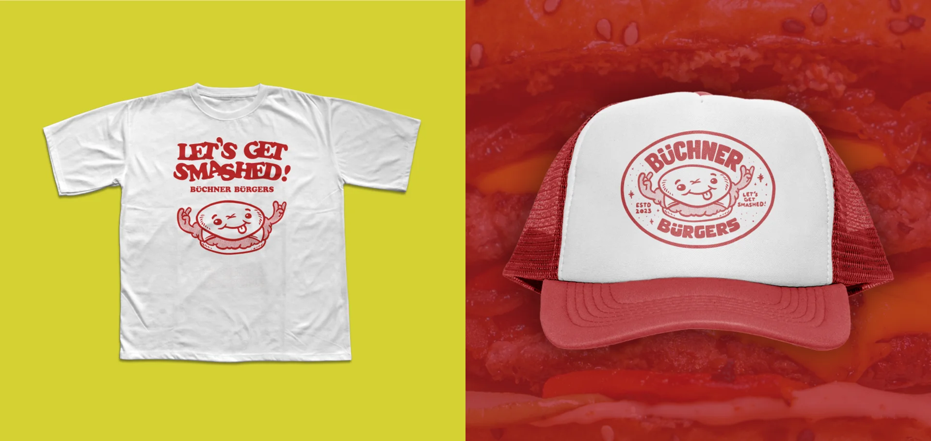 White t-shirt with "LET'S GET SMASHED!" text, and red trucker hat featuring "Buchner Burgers" logo on a yellow background.