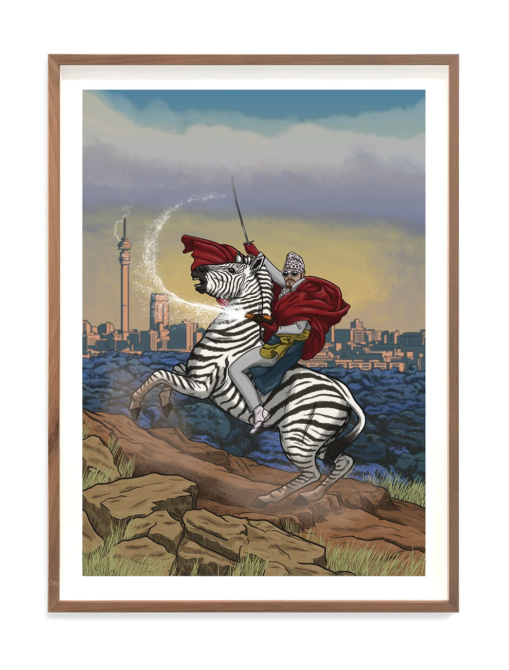 A warrior in a red cloak rides a striped tiger against a city skyline with a cloudy sky.