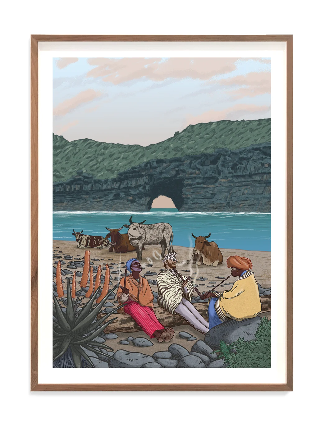 Scene depicting a group of people with cattle near a beach, surrounded by plants and mountains under a pastel sky.