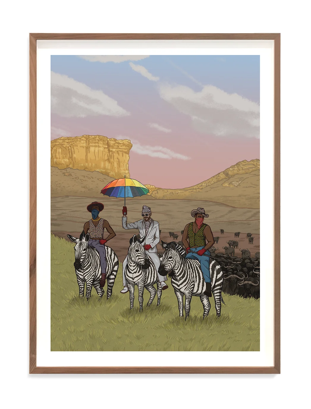 Three people ride zebras in a grassy landscape, one holding a colorful umbrella, with a distant mountain under a pink sky.