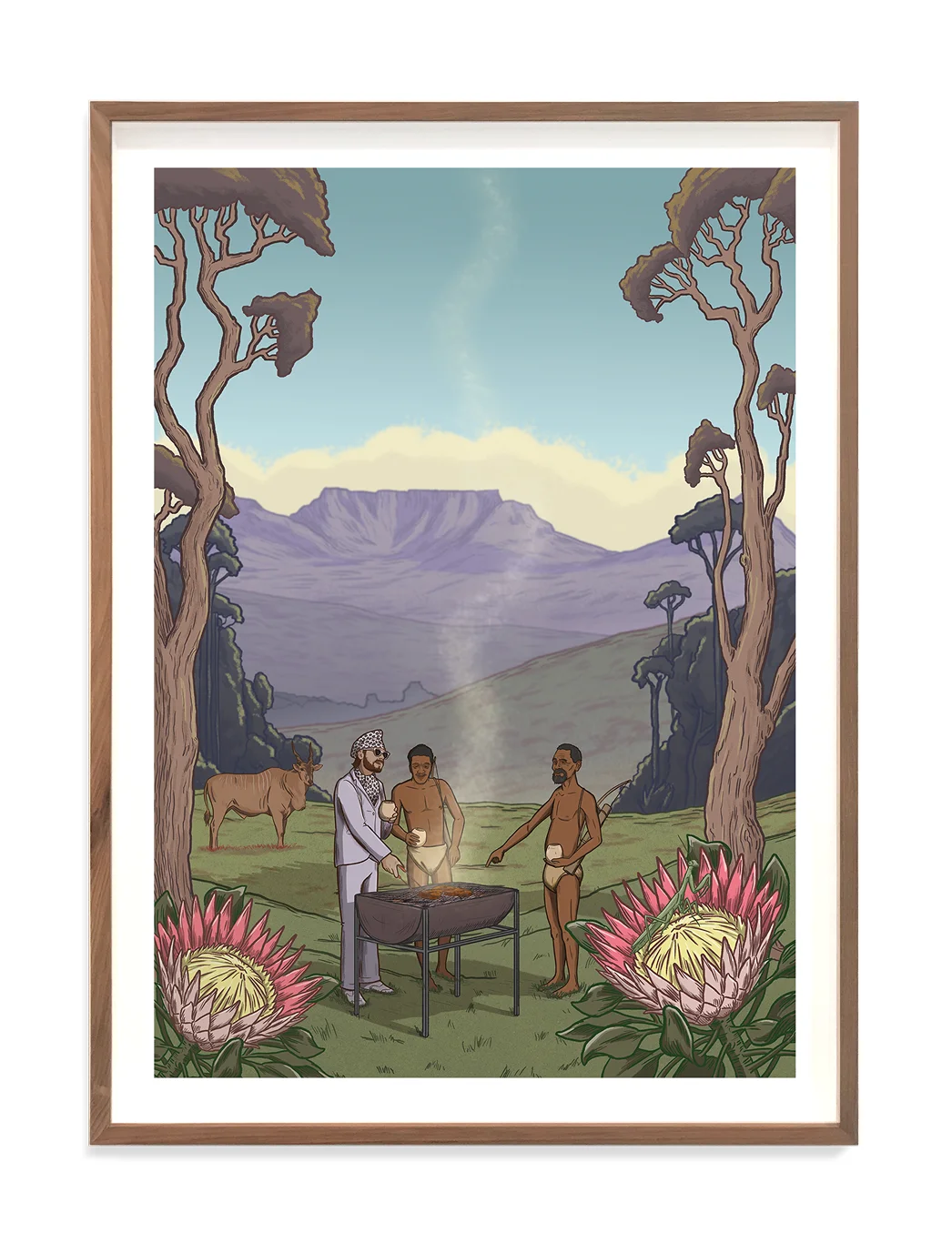 Two figures cooking over a fire in a lush landscape, framed by tall trees and mountains in the background.