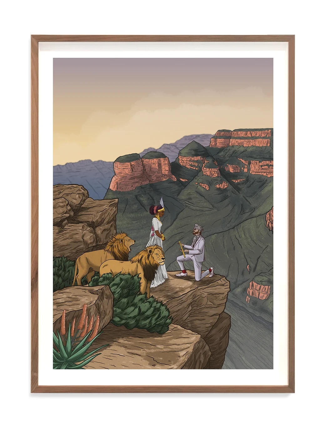 Two lions beside a woman and a man on a rocky cliff overlooking mountains at sunset. Framed artwork.