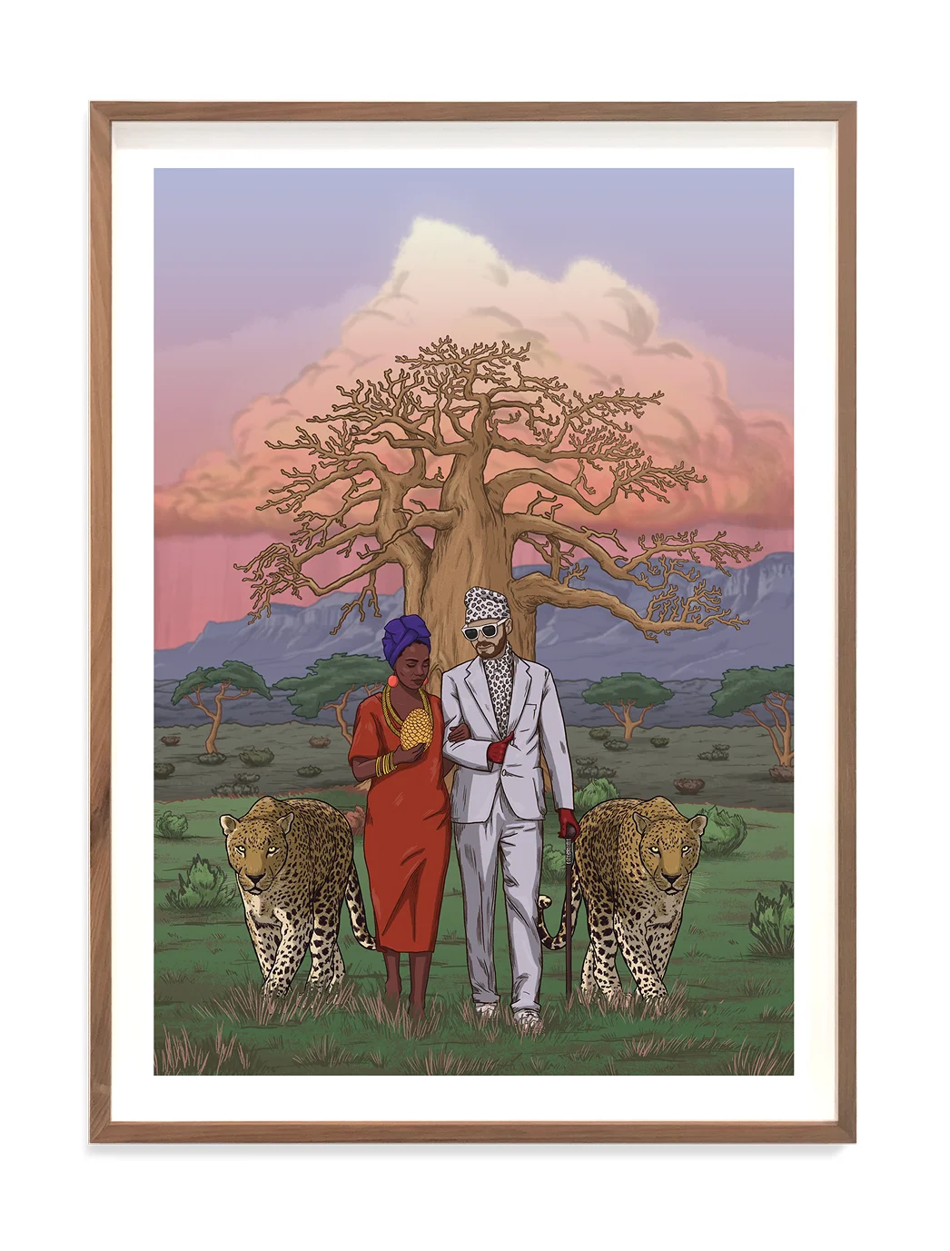 A man in a suit and a woman in red stand by leopards under a large tree, with a colorful sunset backdrop.