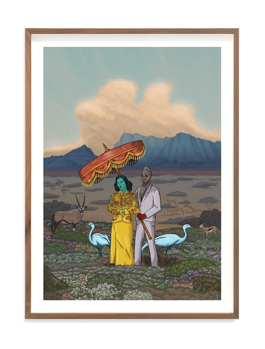 A couple stands in a landscape with mountains, holding an umbrella, surrounded by gazelles and peacocks.