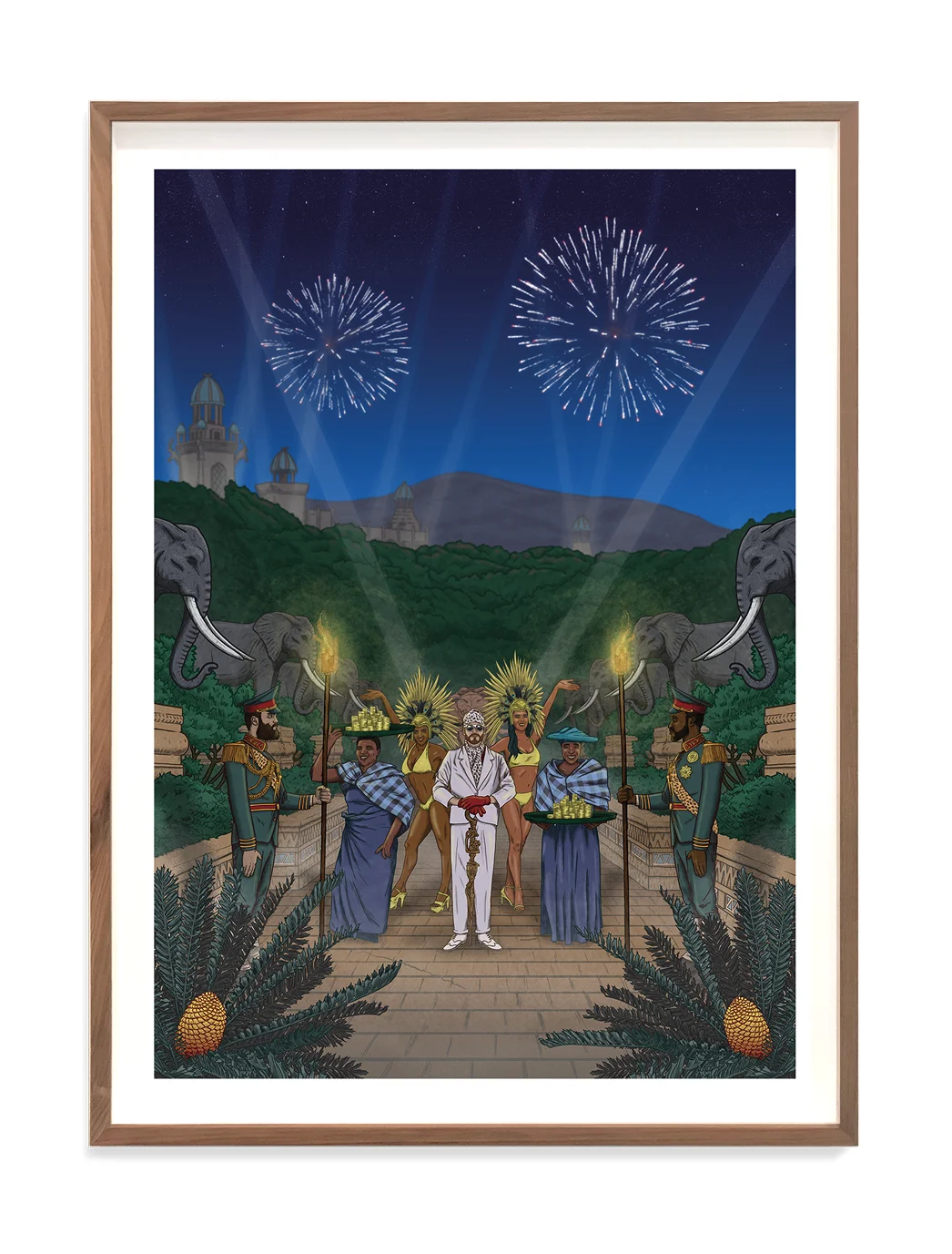 A dramatic scene with fireworks, featuring figures in ceremonial attire flanked by elephants and lush greenery.