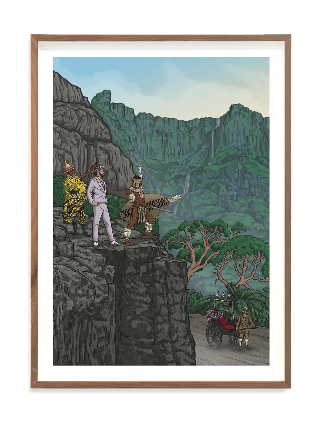 Three figures in distinctive outfits stand on a rocky ledge, overlooking a lush mountainous landscape and a distant