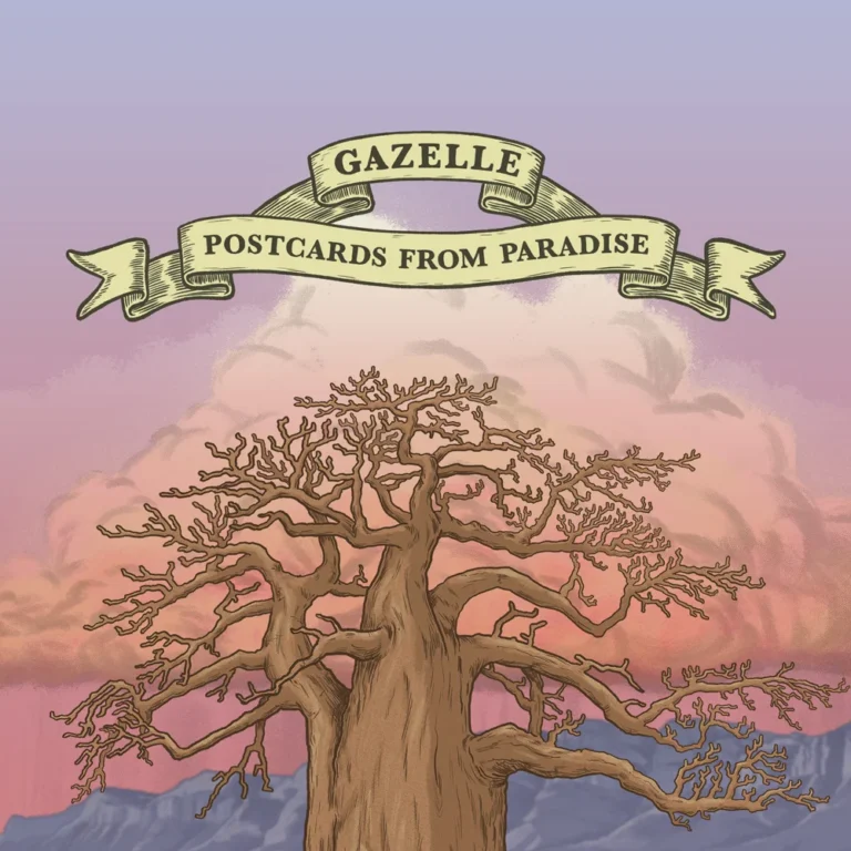 A stylized tree with a ribbon banner reading "Gazelle Postcards from Paradise" against a colorful sky backdrop.