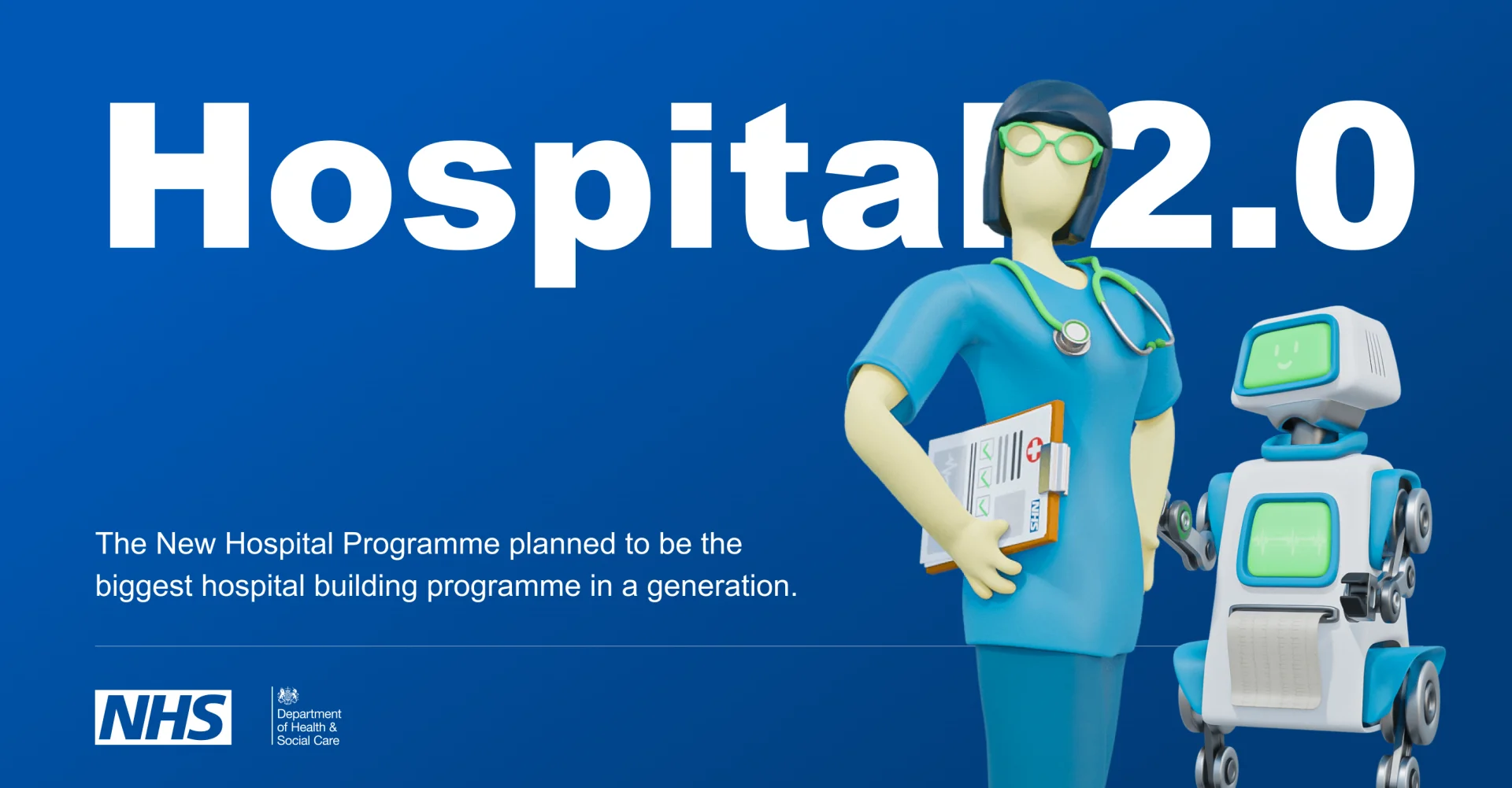 Hospital 2.0 promotional graphic featuring a healthcare worker and a robotic assistant. Text highlights a new building