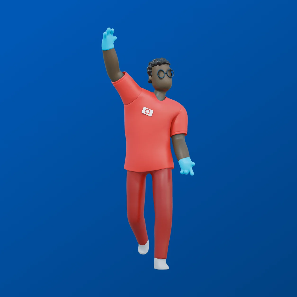 3D character of a medical professional in red scrubs and gloves, waving against a blue background.