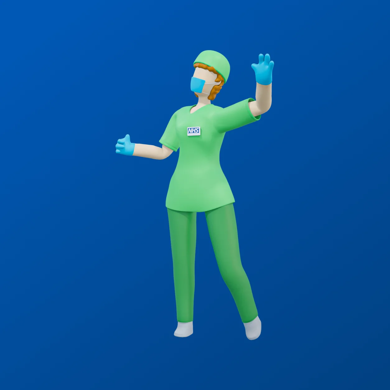 Colorful figurine of a healthcare worker in scrubs, wearing a mask and gloves, set against a blue background.