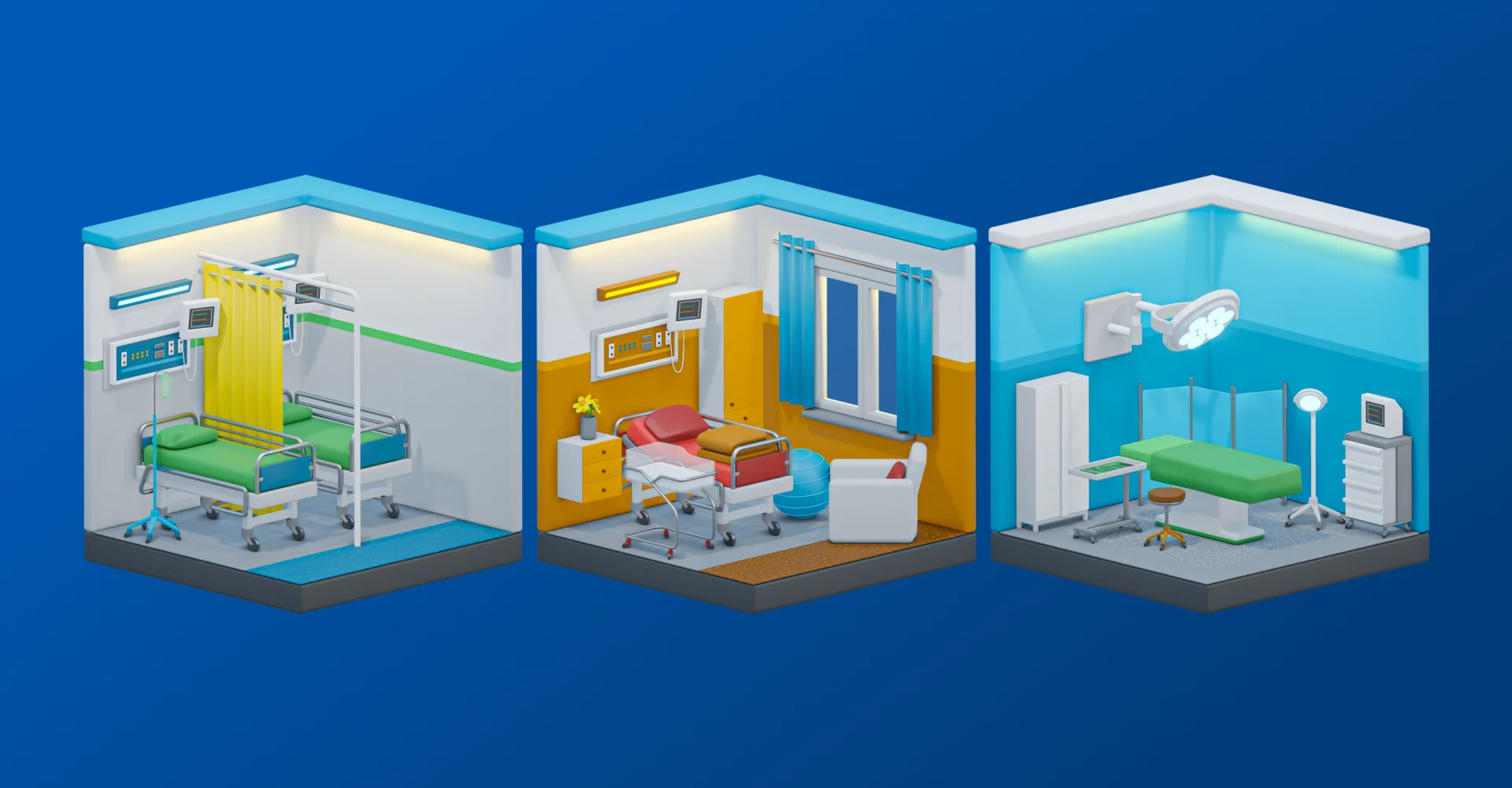 Three hospital room designs: a patient room, an examination room, and an operating room, each with distinct features.