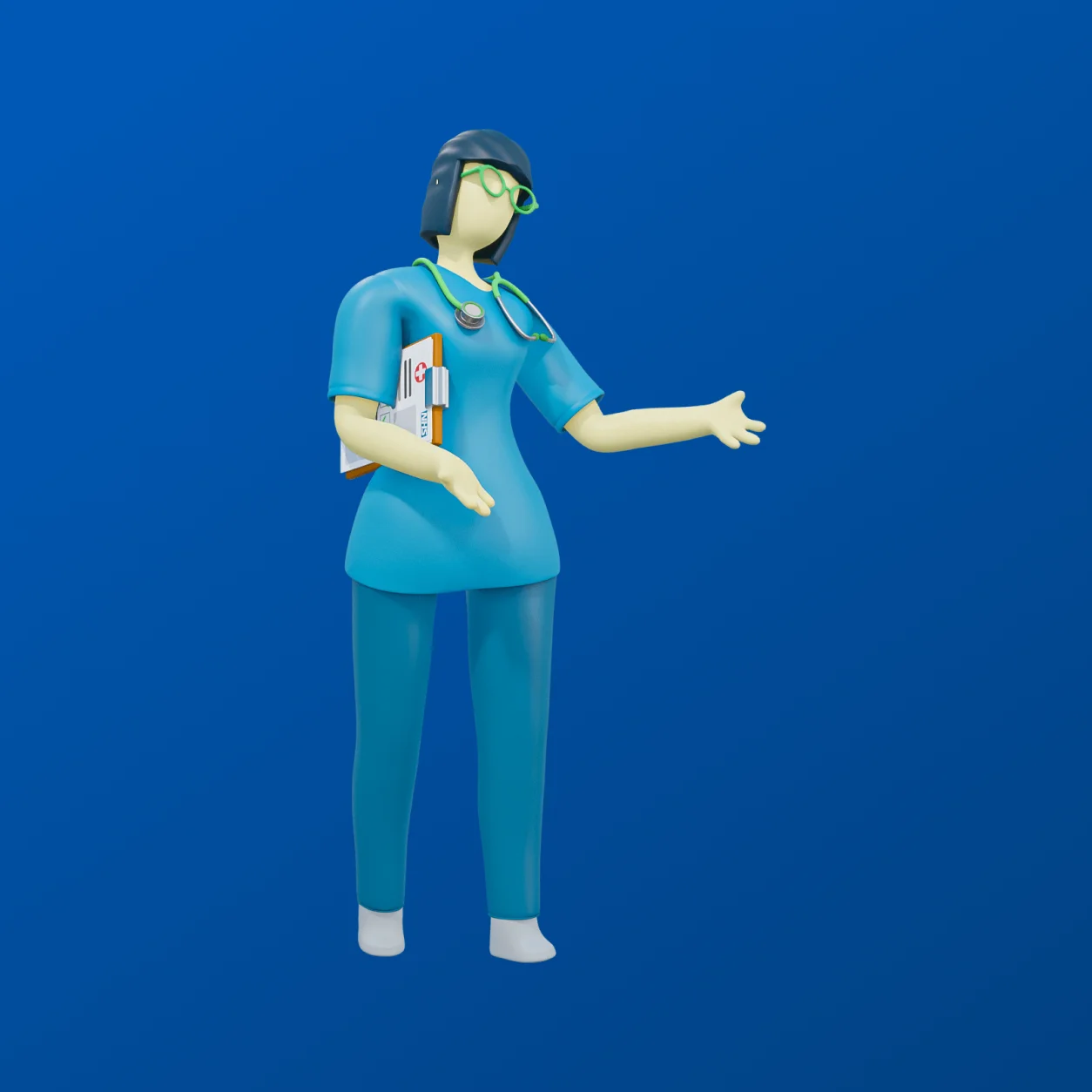 Nurse character in teal scrubs and glasses, gesturing with one hand, against a blue background.