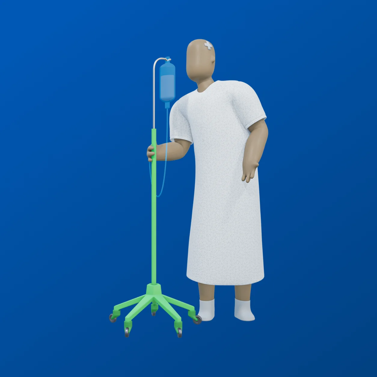 3D figure in a hospital gown standing beside a green IV stand with an IV bag, against a blue background.