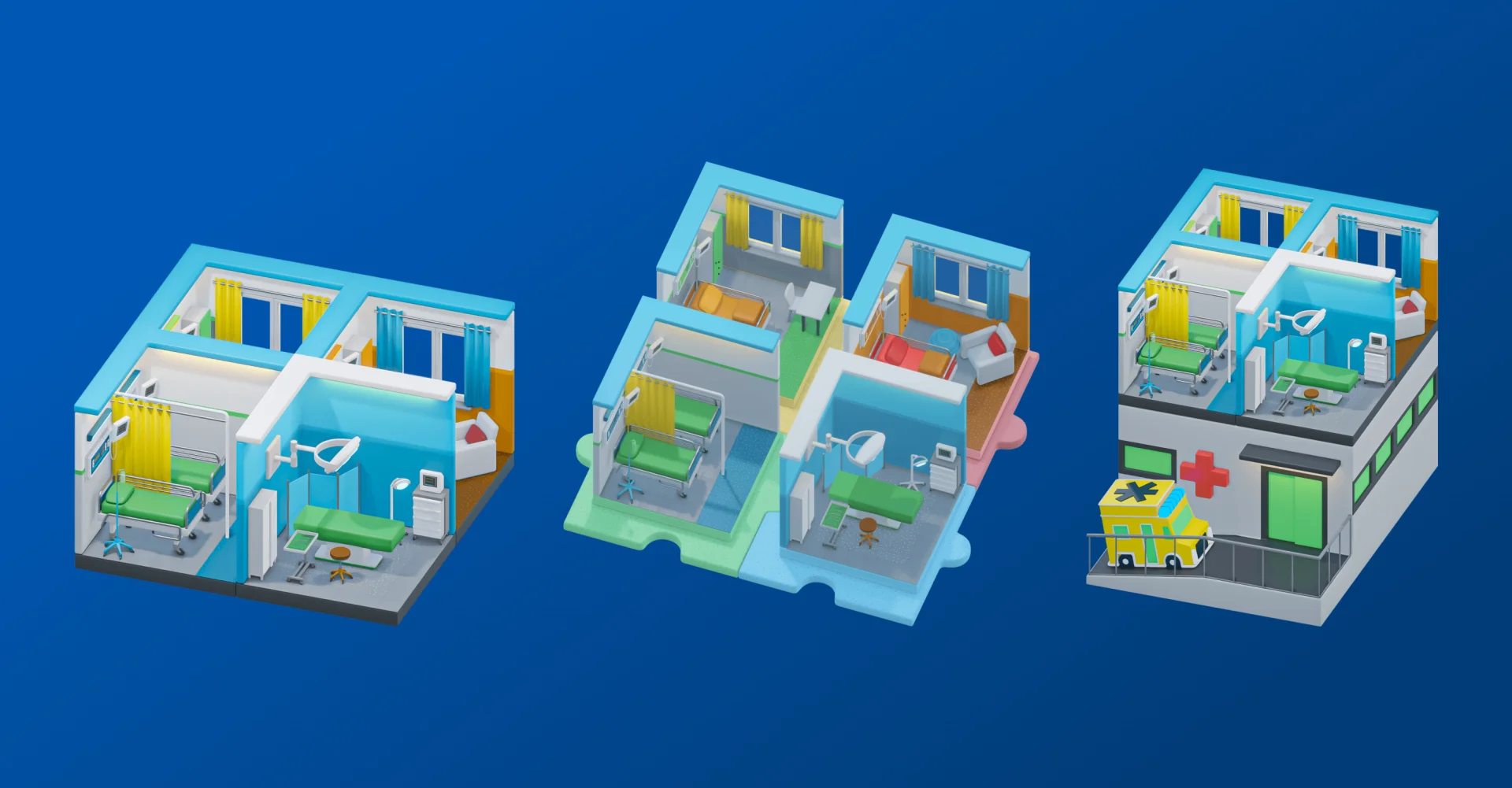 Three colorful, 3D hospital room designs with medical equipment and an ambulance illustration.