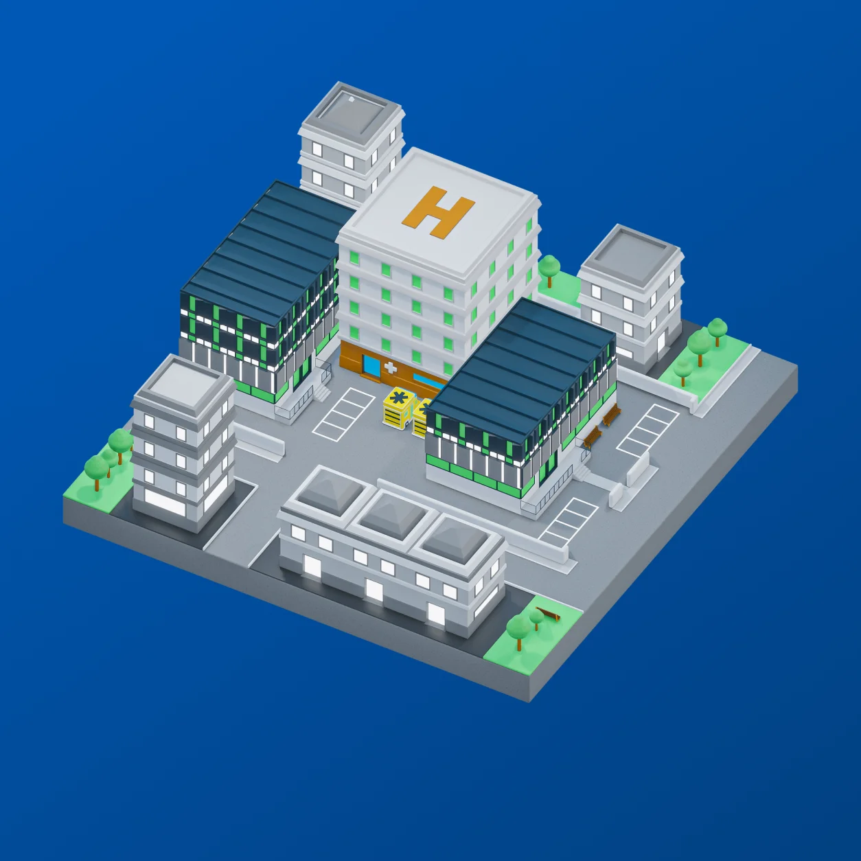 3D model of a hospital complex with multiple buildings, parking areas, and greenery against a blue background.