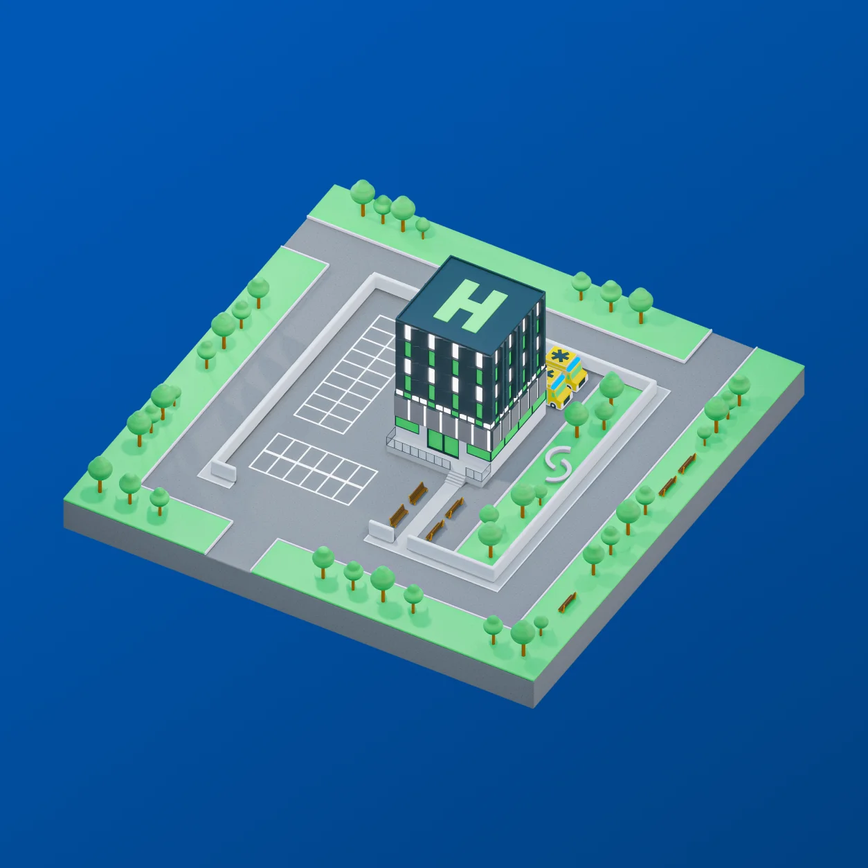 Illustration of a modern hospital building surrounded by green trees and parking spaces on a blue background.