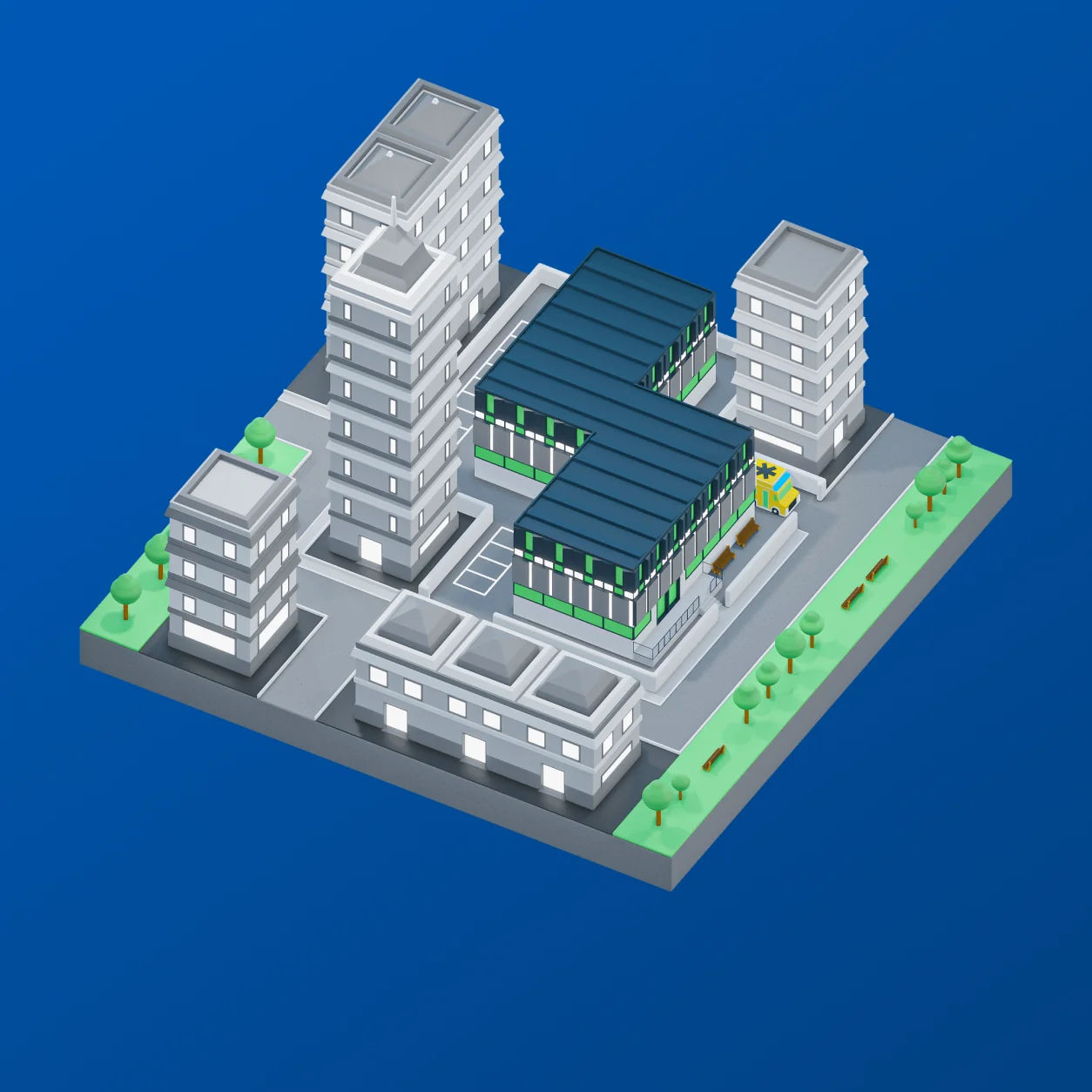 A 3D model of a hospital complex with multiple buildings and greenery, set against a blue background.