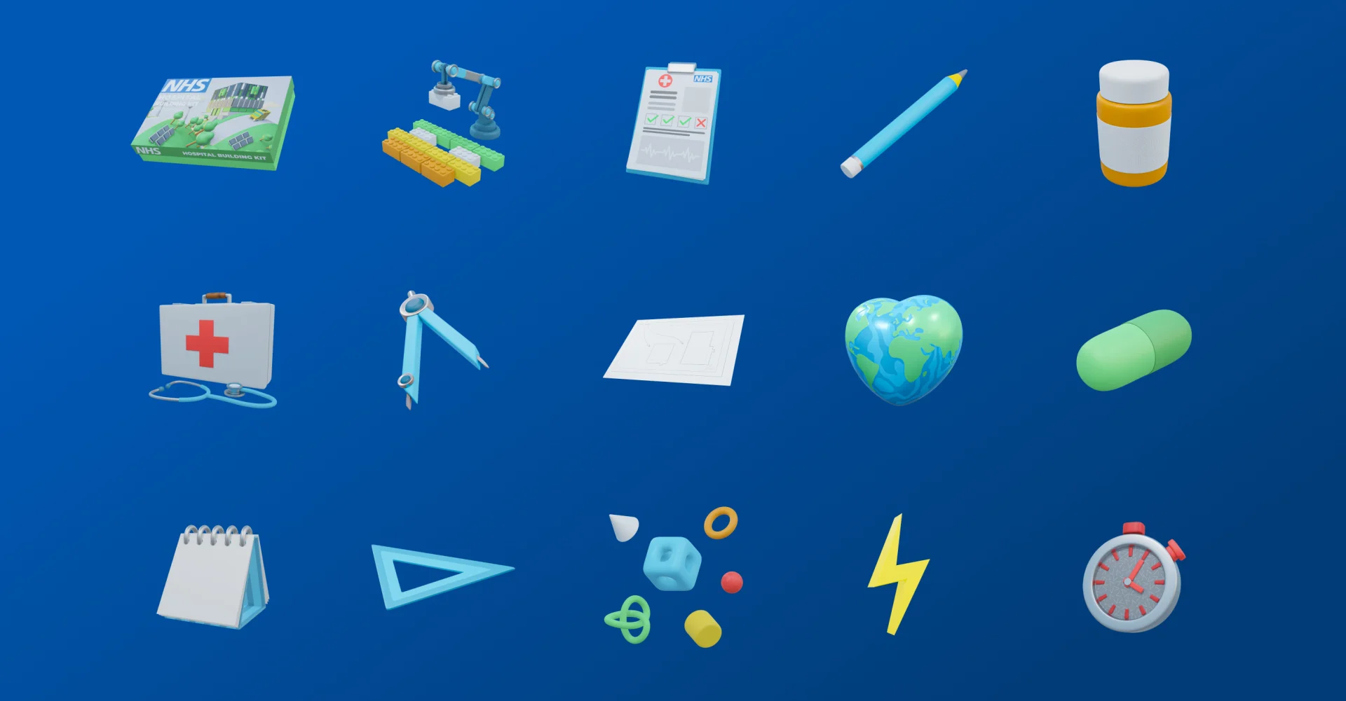 Icons representing medical supplies, a heart, a globe, and tools on a blue background.