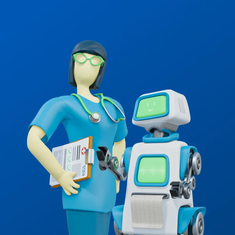 A healthcare professional in scrubs stands beside a friendly-looking medical robot against a blue backdrop.