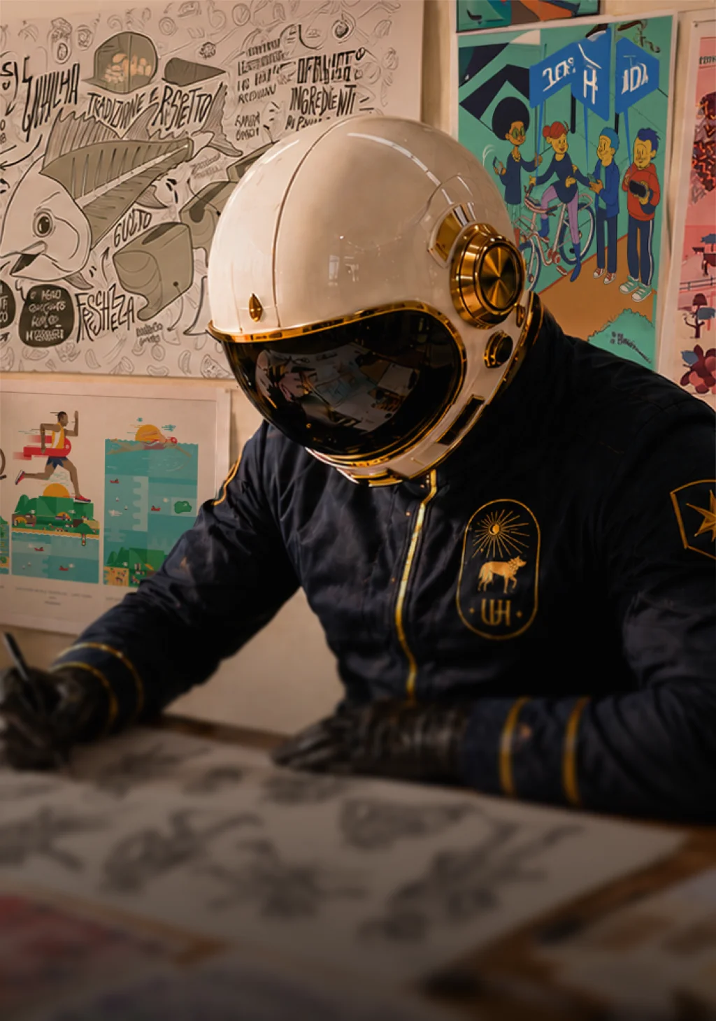 An astronaut in a helmet sketches at a desk surrounded by colorful artwork and plants.