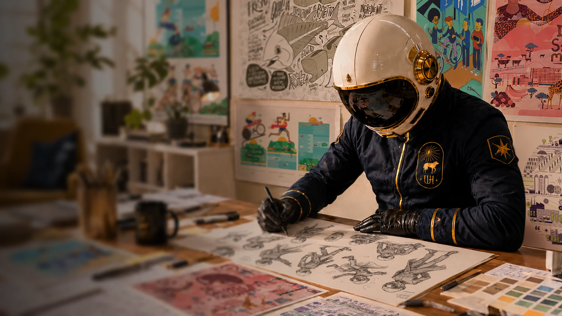 An astronaut in a helmet sketches at a desk surrounded by colorful artwork and plants.