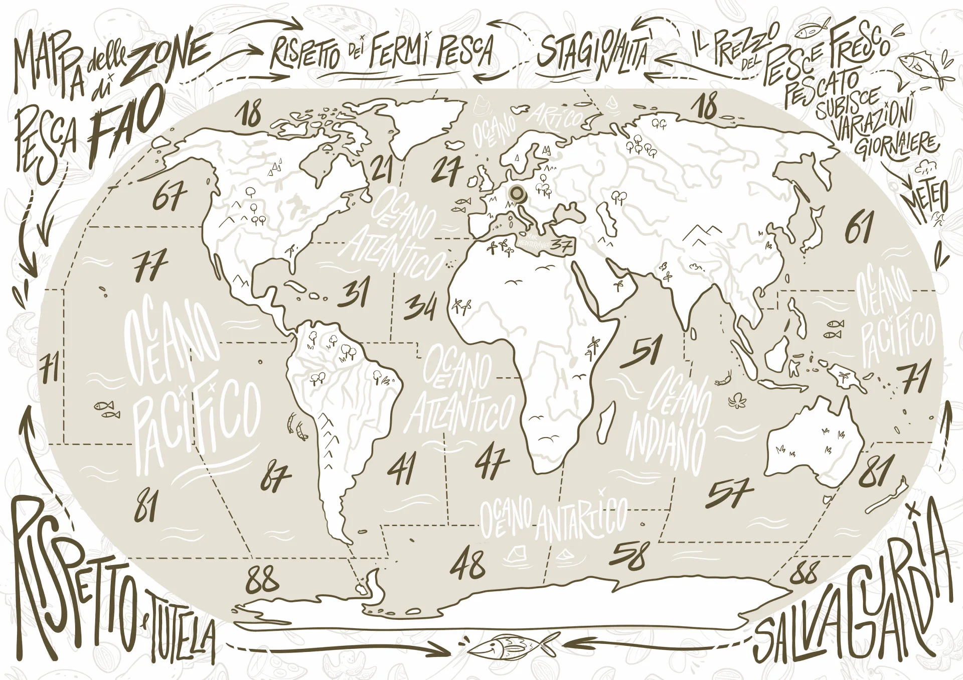 World map highlighting fishing zones, including various regions and their respective fish stocks, in a sketched style.