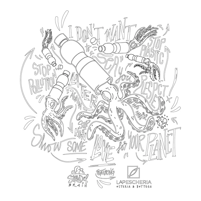 Line art illustration featuring an octopus and text promoting environmental awareness and respect for the planet.