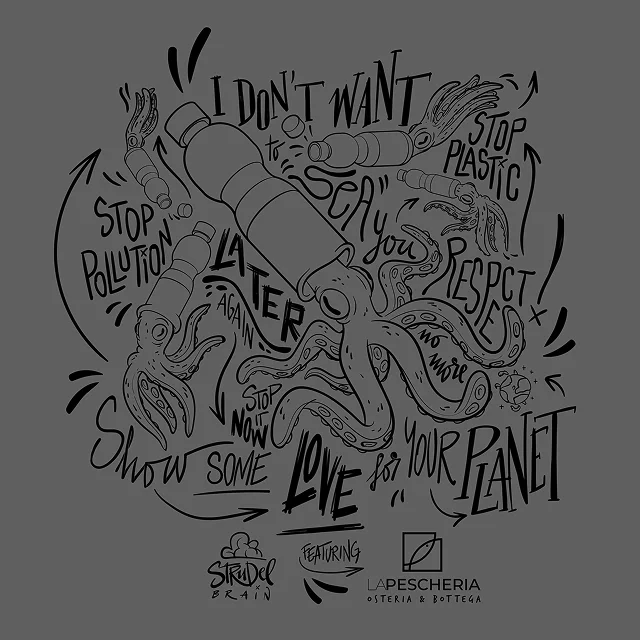 A graphic design featuring phrases about caring for the planet, surrounded by illustrated octopus tentacles.