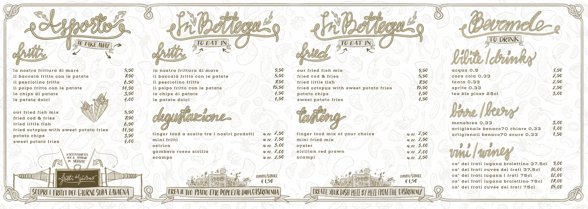 Menu layout featuring appetizers, dishes, and desserts with prices in a decorative format.