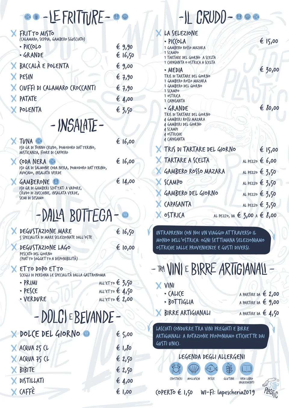 Menu featuring various seafood dishes, drinks, and desserts, including prices.