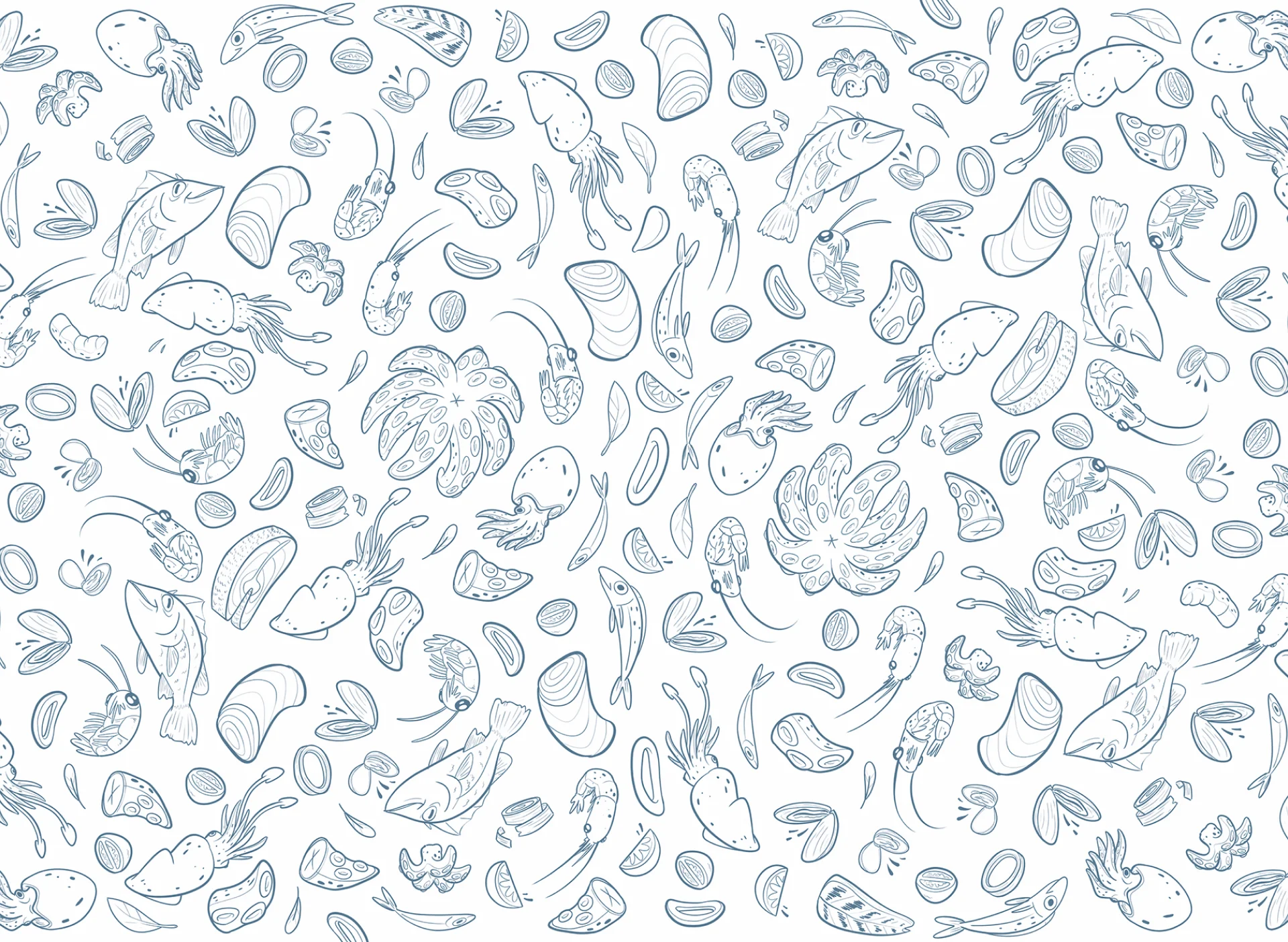 Seamless pattern of various seafood illustrations on a white background.