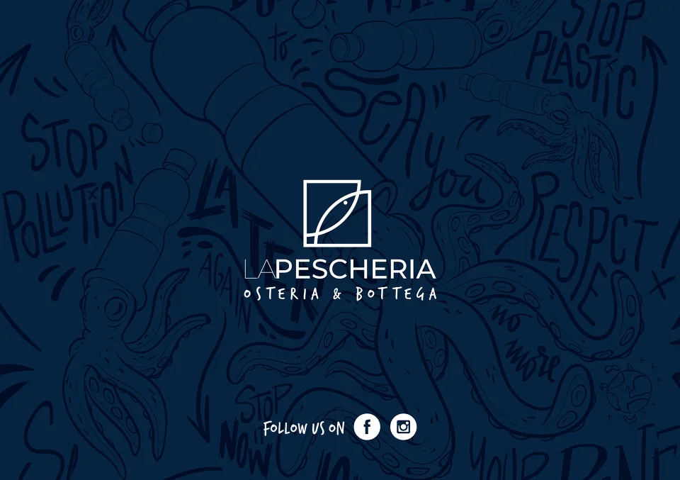 Logo for La Pescheria osteria & bottega with a dark blue background and illustrations promoting environmental awareness.