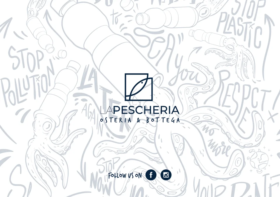 Graphic design featuring octopus and bottles with messages like "Stop Pollution" and "Respect" beneath the logo "Pescheria.