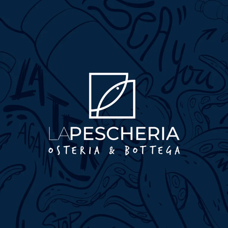 Logo for La Pescheria, featuring fish icon and text: "Osteria & Bottega" on a blue background with sea-themed illustrations.