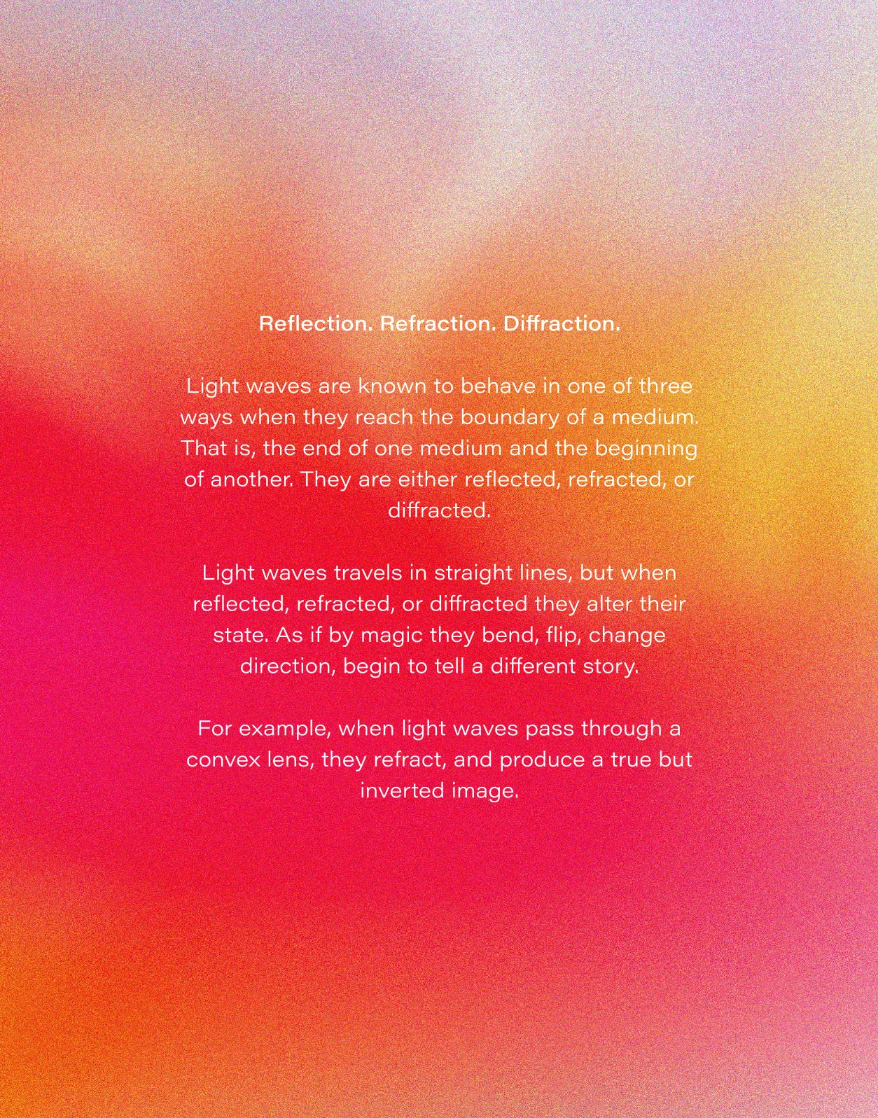 Text on a gradient background explaining light behavior: reflection, refraction, and diffraction of waves.