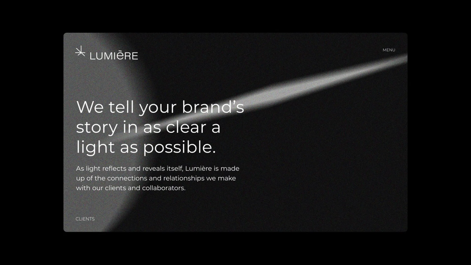 Black background with text: "We tell your brand's story in as clear a light as possible." Lumère logo in the corner.