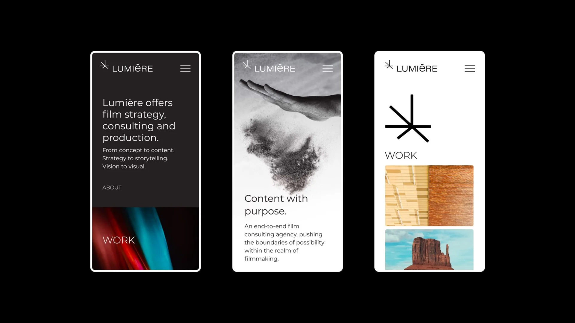 Three mobile screens showcasing Lumiere's film strategy, consulting, production services, and portfolio highlights.