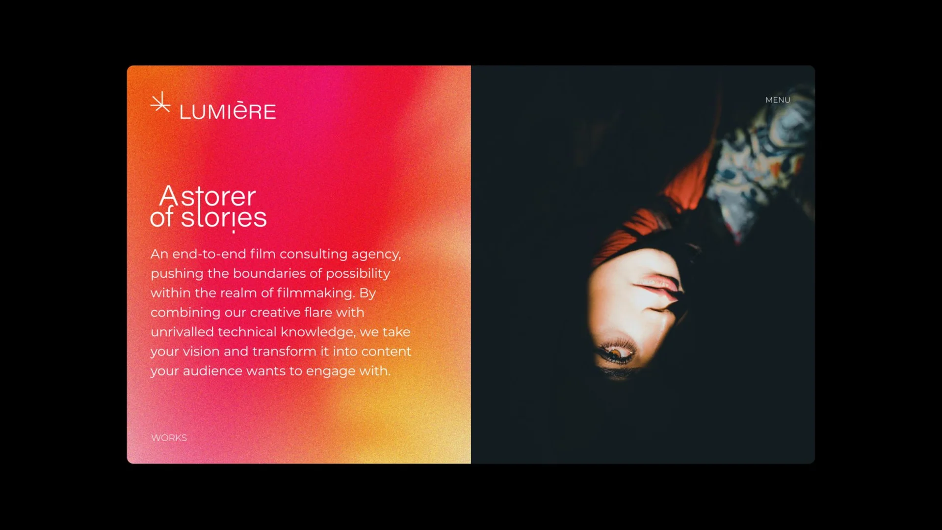 Colorful promotional graphic for Lumière, featuring text about storytelling and film consulting on one side and an artistic