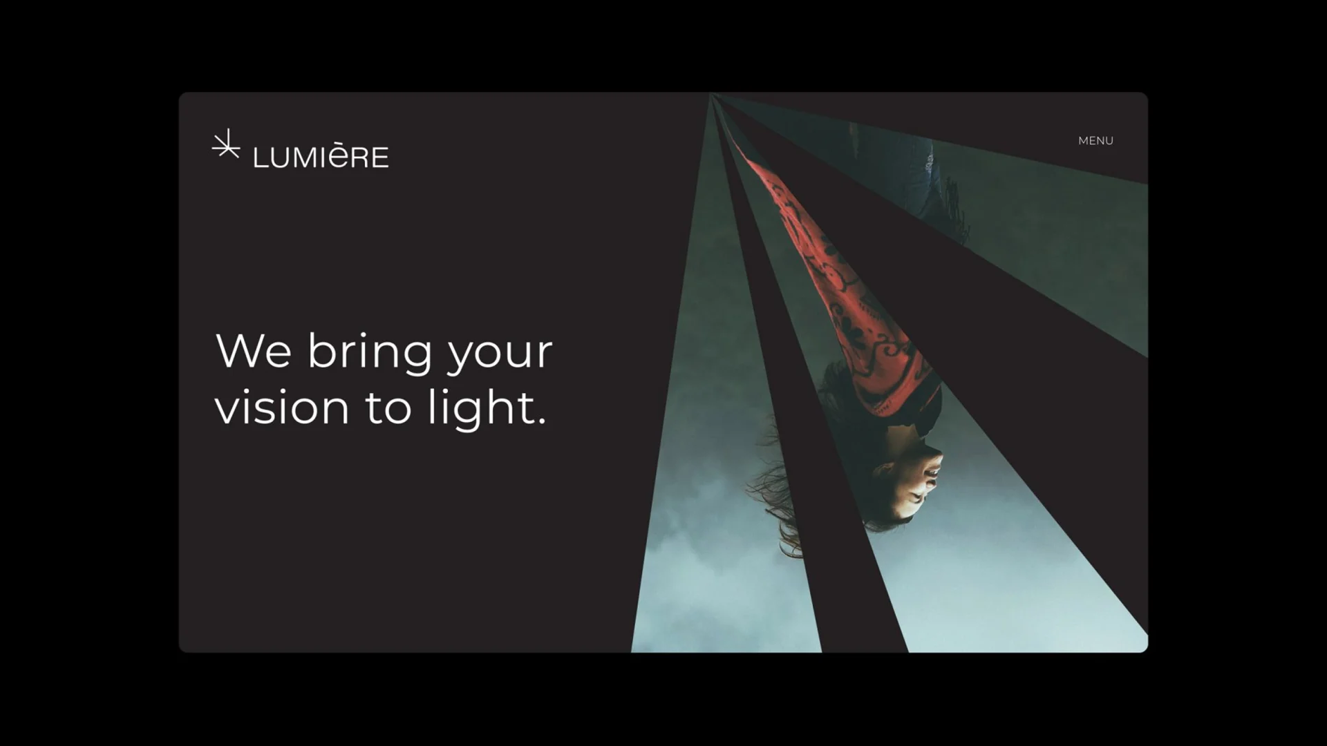 Text with the phrase "We bring your vision to light" alongside artistic graphics in dark tones and a figure.