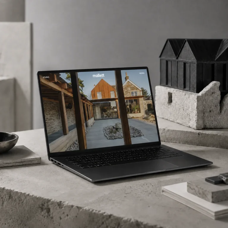 Laptop displaying a website with architectural imagery, placed on a textured concrete surface.