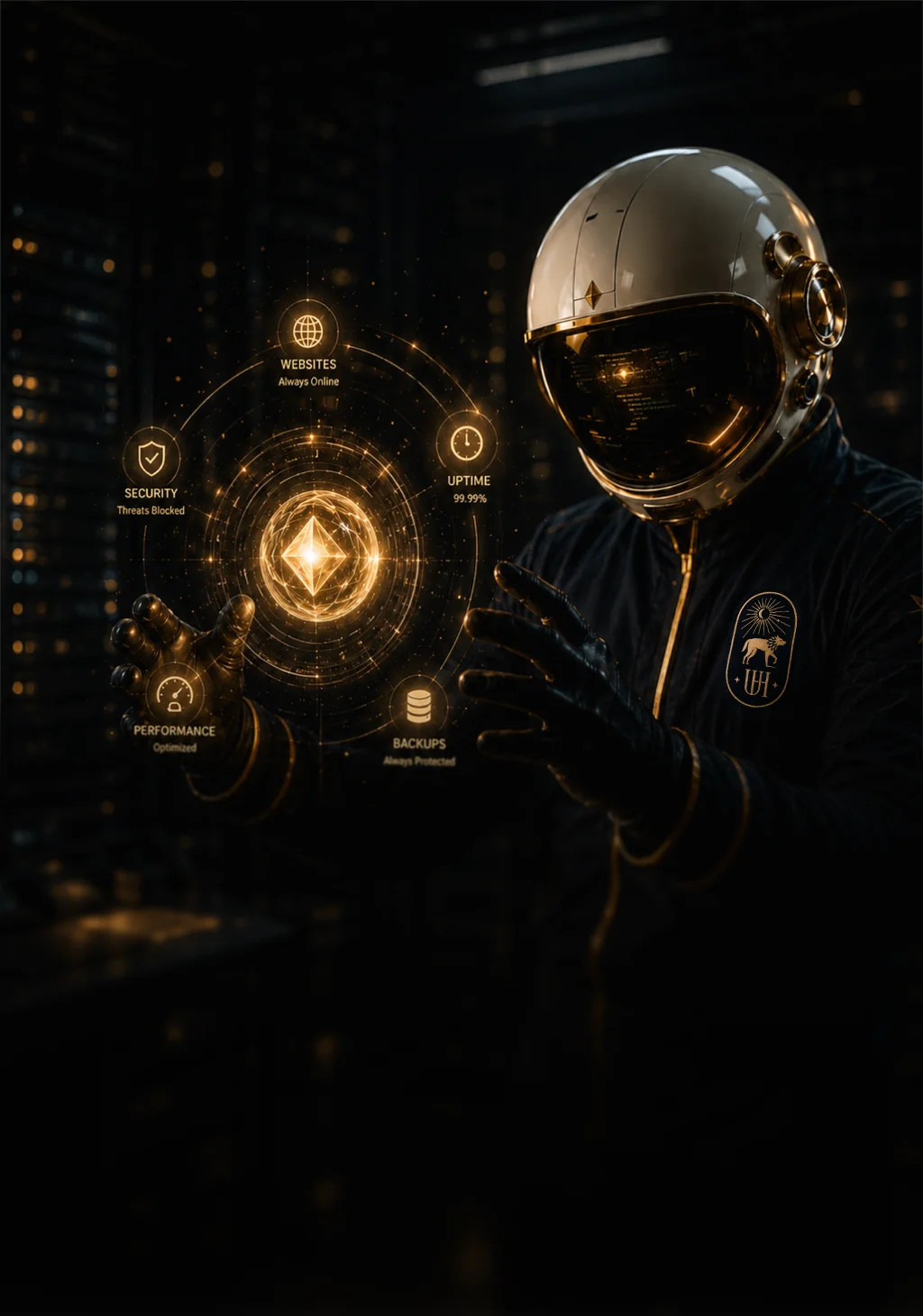 Astronaut in a dark setting interacting with a glowing digital interface displaying various icons and data.