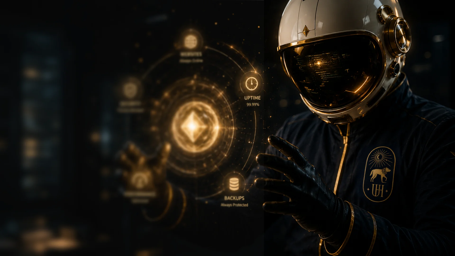 Astronaut in a dark setting interacting with a glowing digital interface displaying various icons and data.