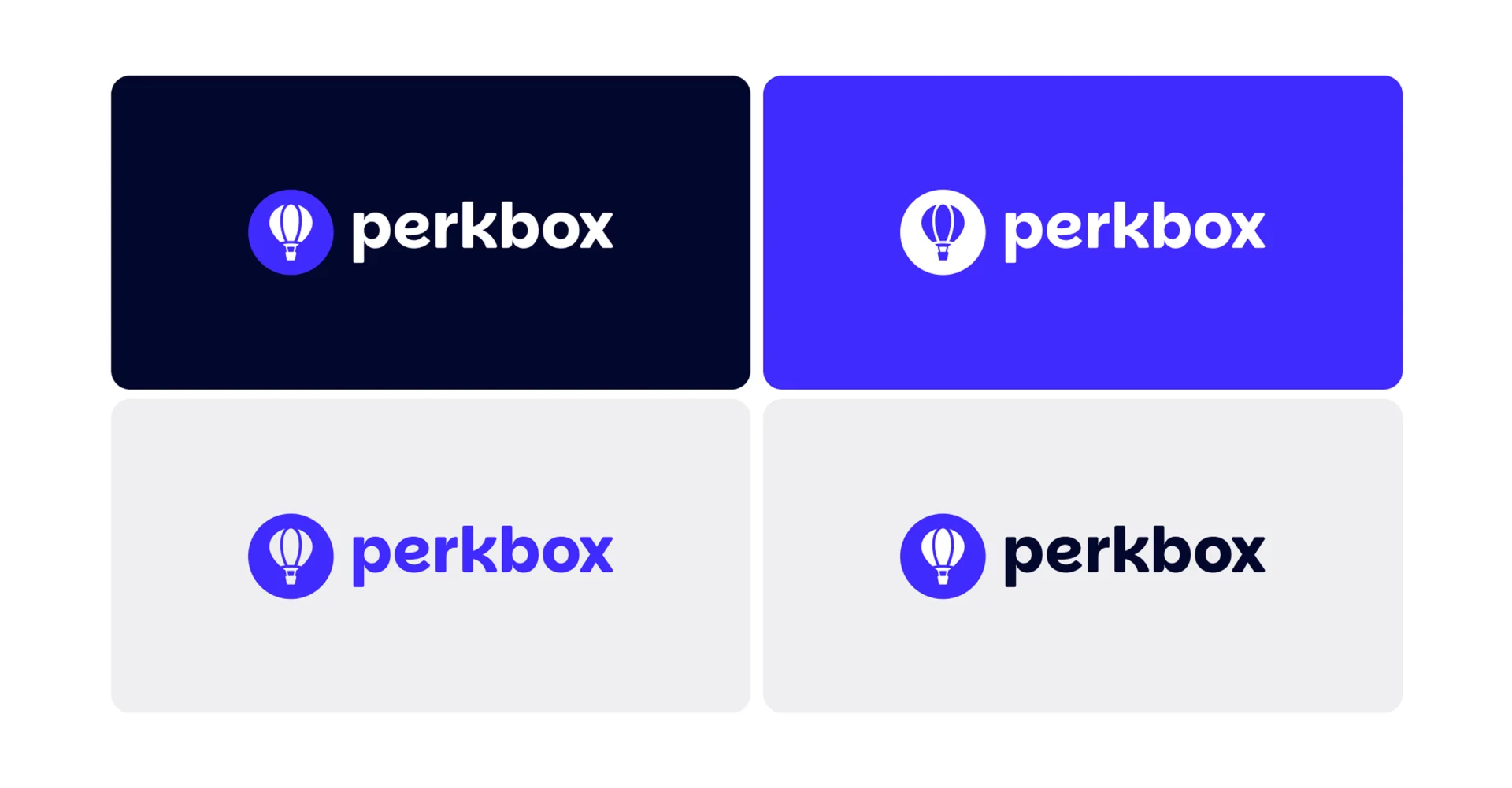 Four variations of the Perkbox logo in different background colors: dark blue, purple, and light gray.