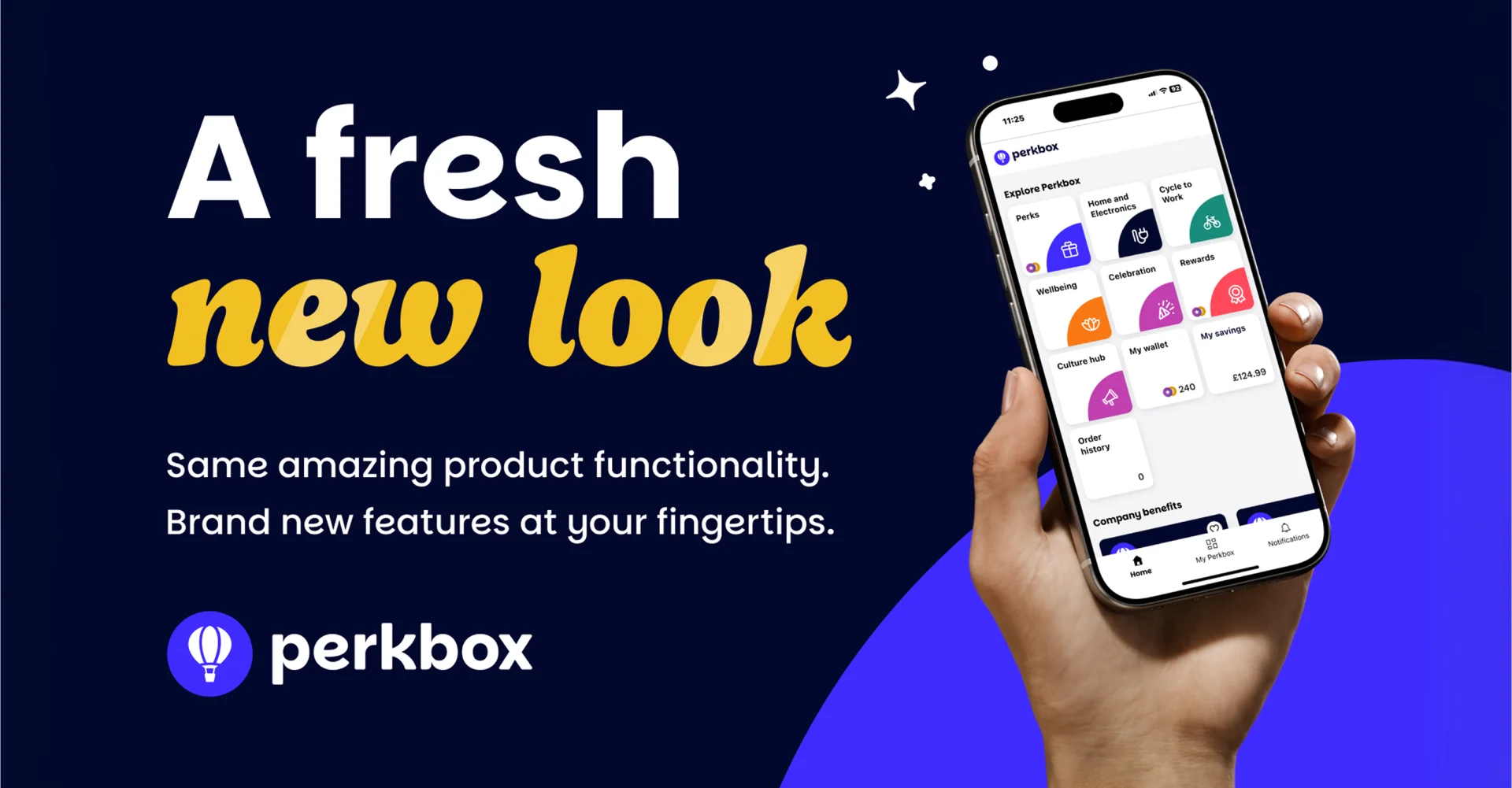 Hand holding a smartphone displaying the Perkbox app with the text "A fresh new look" and features highlighted.